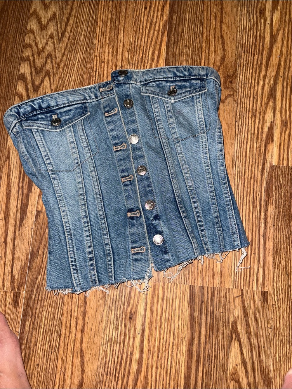 Denim strapless denim button top
